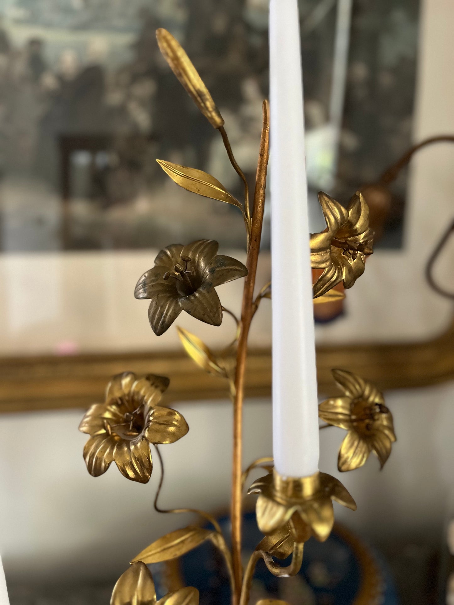 Antique French Tole Three-Light Gilt Floral Candelabra, Church Alter Style
