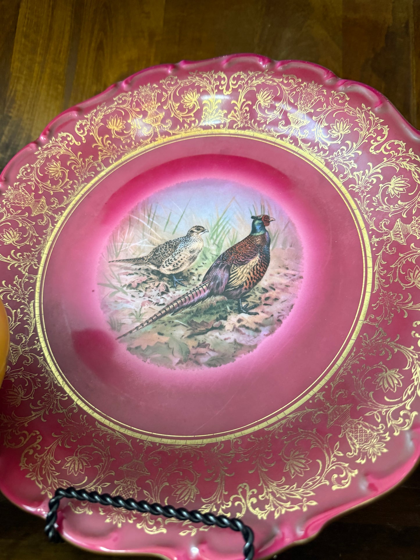 Live 5/7 for - Hand Painted Porcelain Pair Magenta Pheasant Charger Plates Made in Germany
