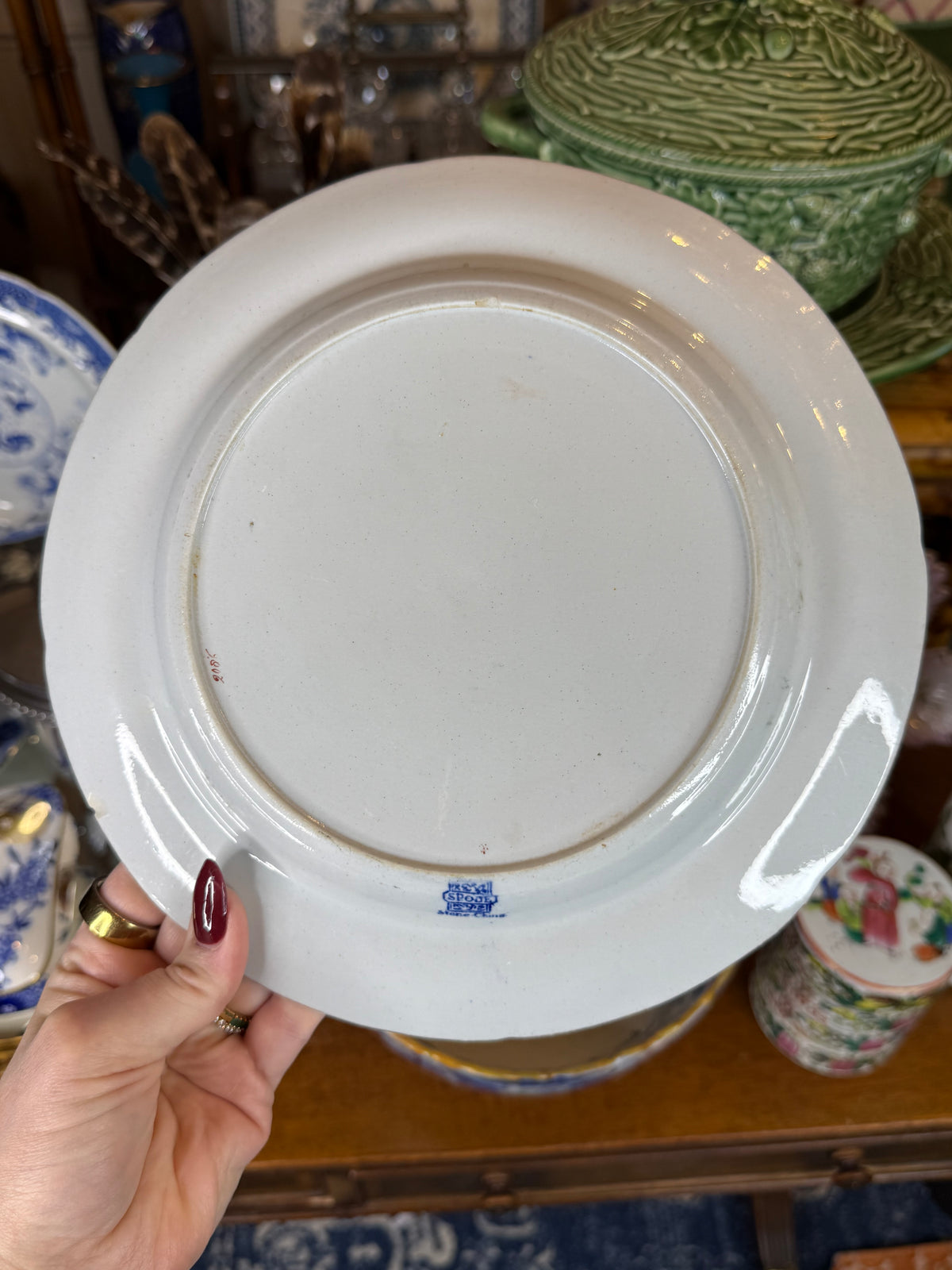 Antique Spode “Stone China” Blue & White Gilt Chinoiserie Dinner Plates – Set of 5 | Regency c.1815–1825 | 9.5” D