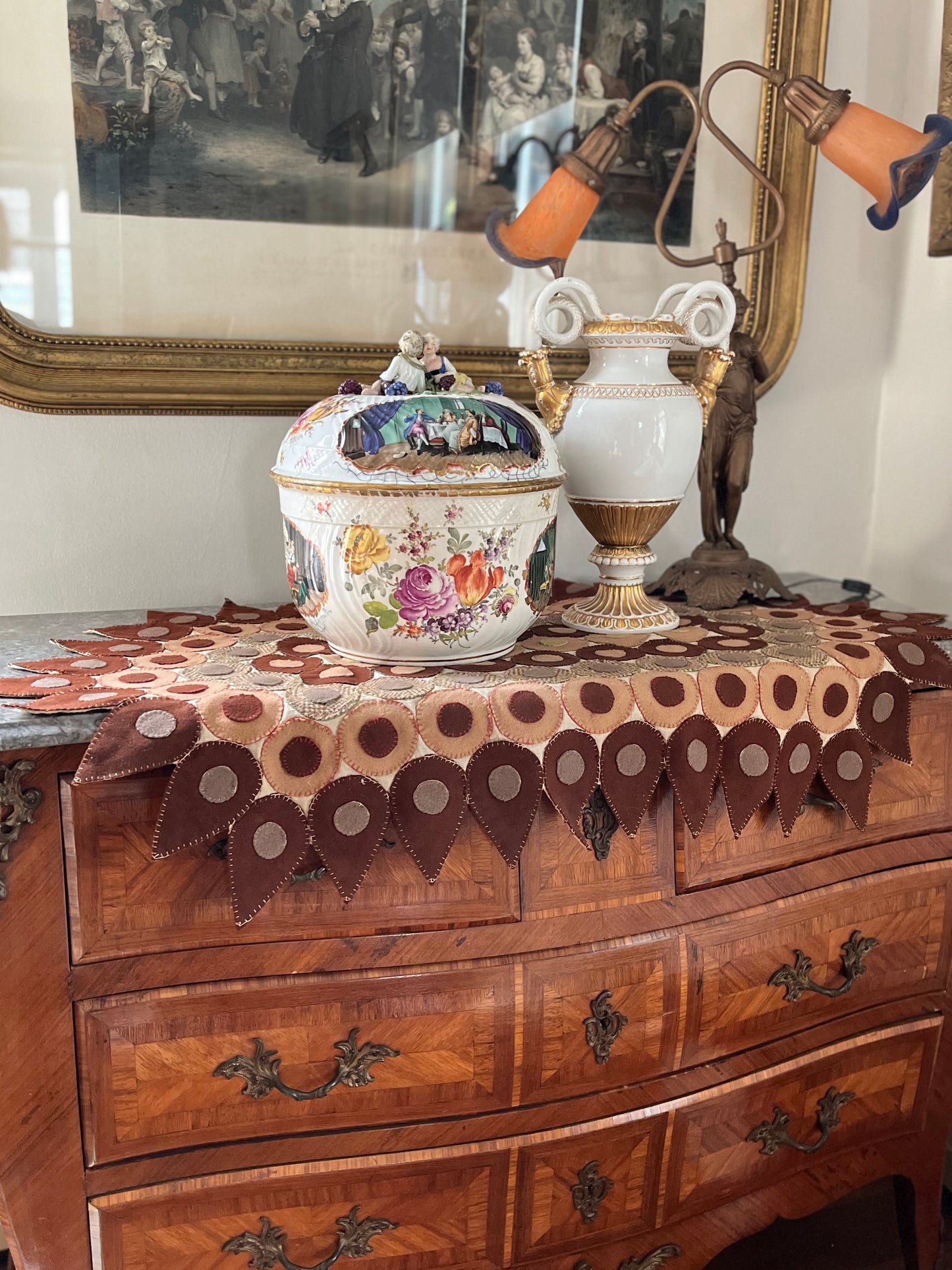 Original Antique 19th Century Hand-Stitched Wool Penny Rug Table Cover | Folk Art Textile