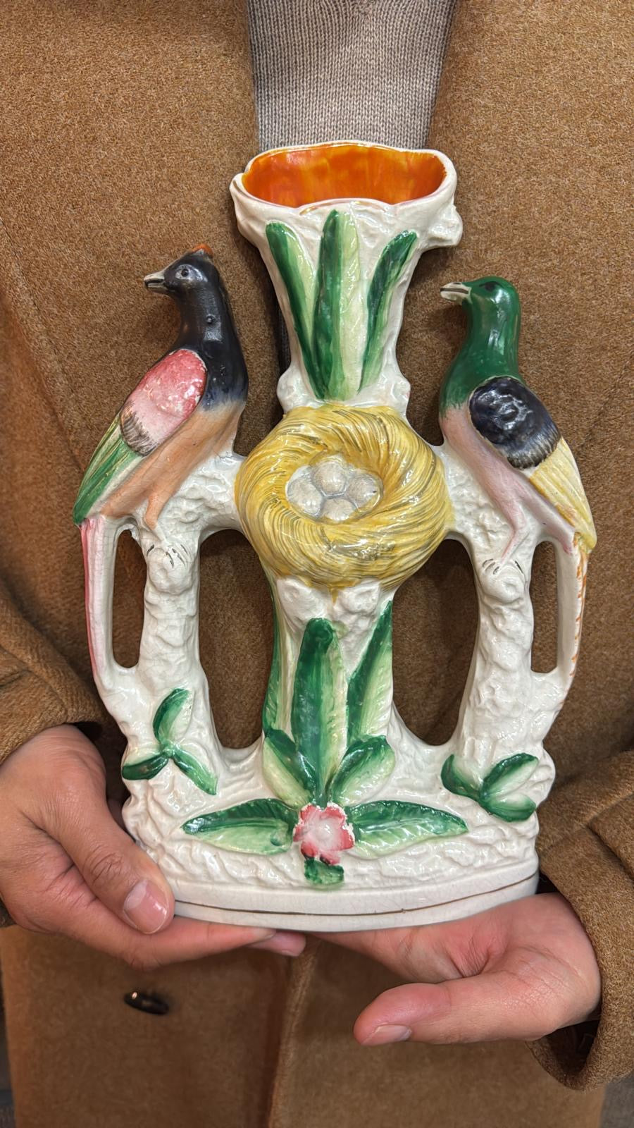 Antique 19th Century Staffordshire Bird Spill Vase with Nest | 12” Tall #DA4365