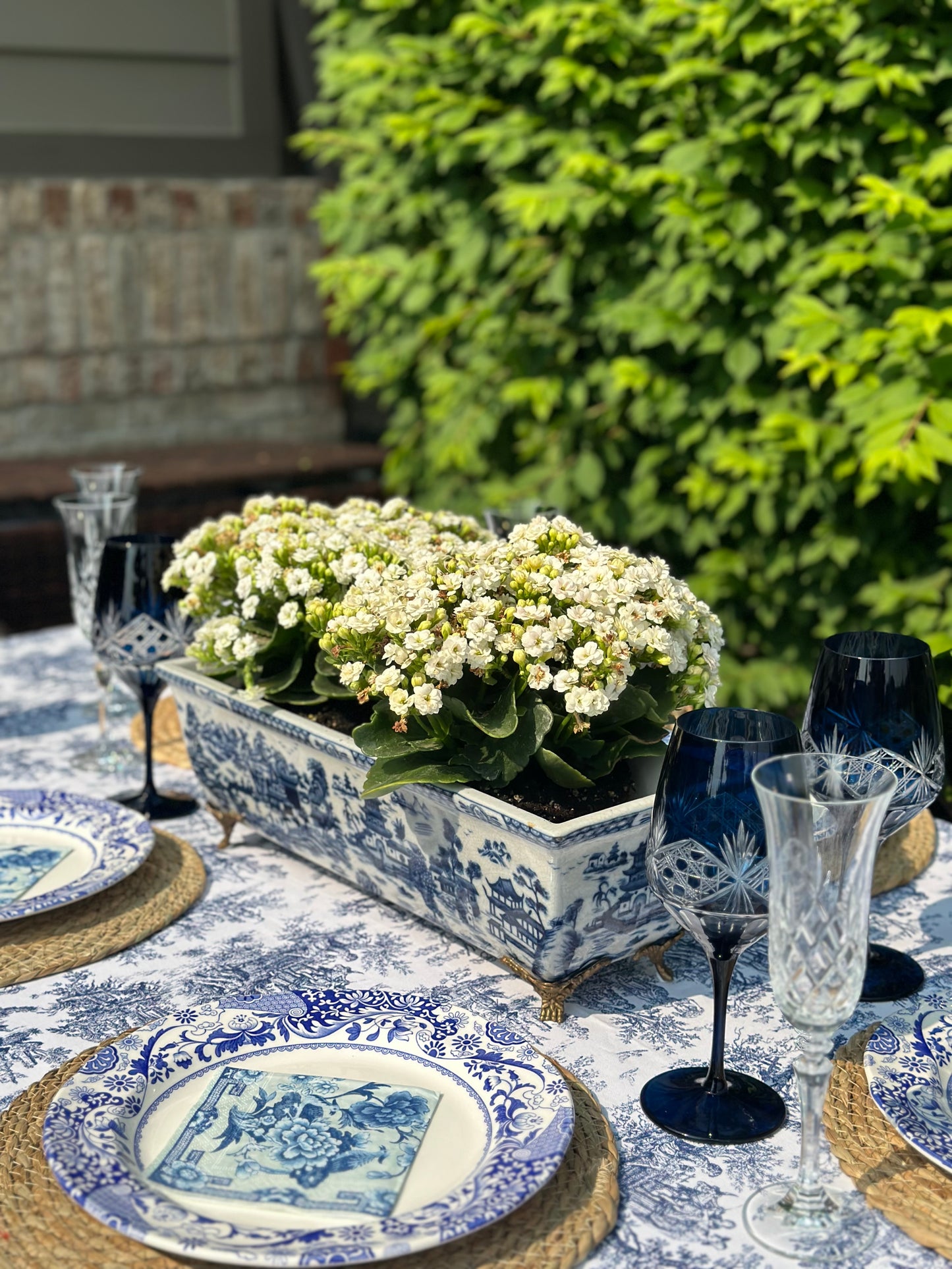 Danny's Fine Porcelain - Blue and White Bronze Footed Centerpiece 18x6.5Wx6H #14068