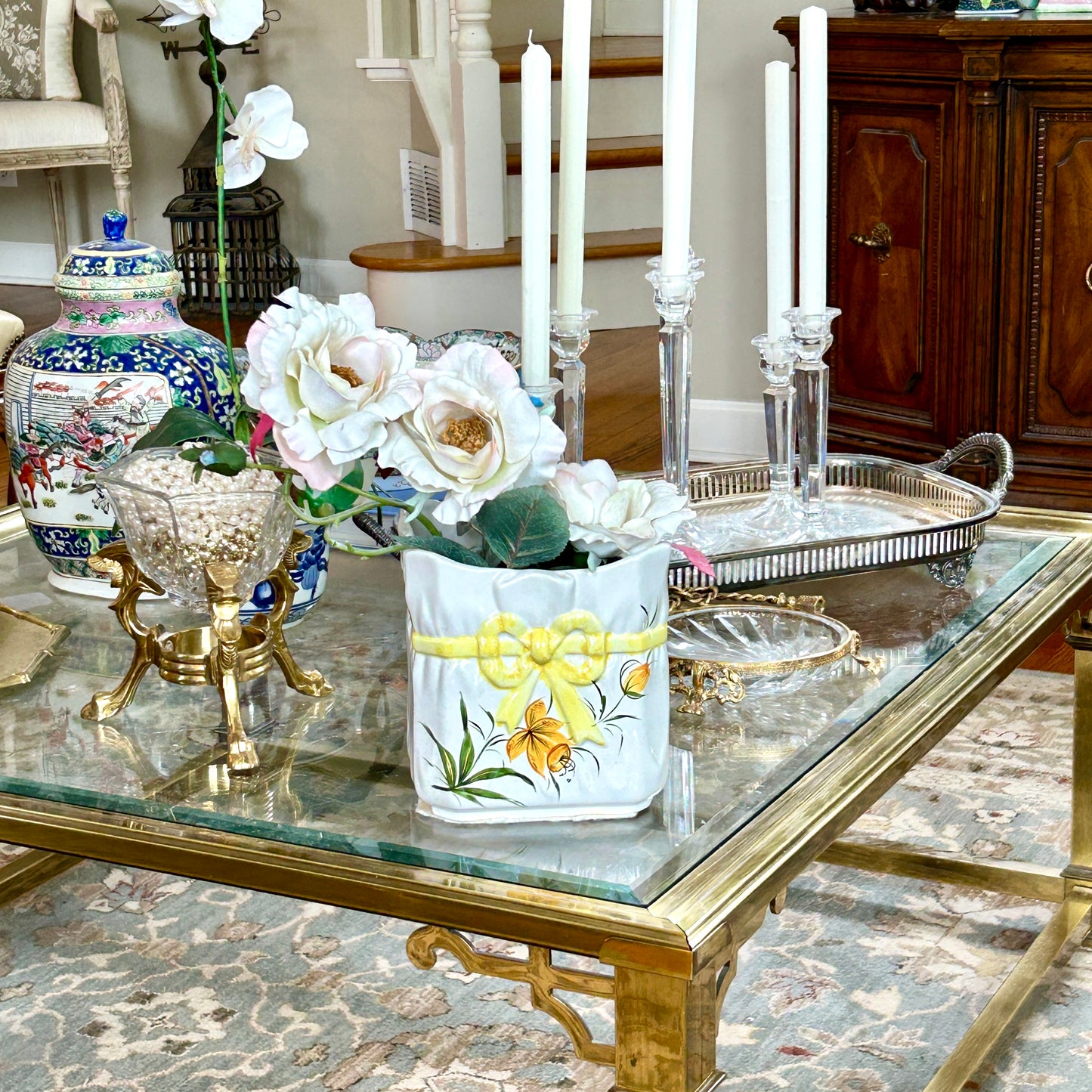 Vintage white botanical with yellow bow ceramic orchid planter