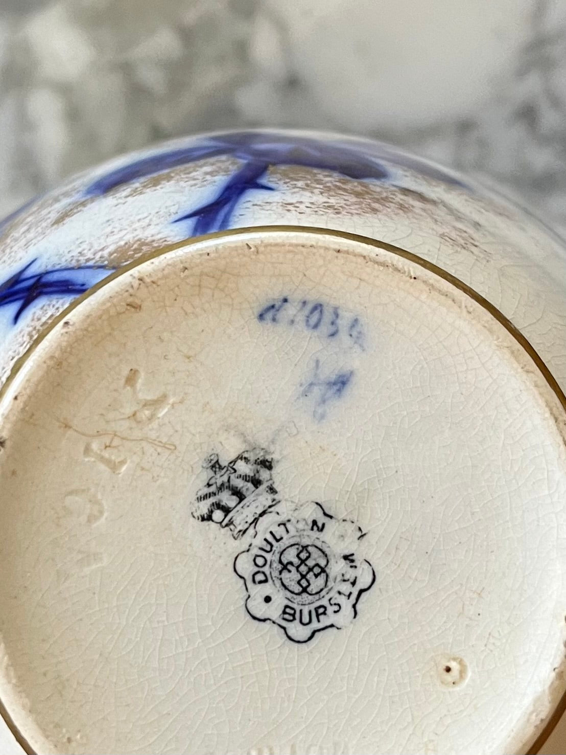 Antique Late 1800’s Doulton Burslem Gilded Flow Blue Vase - Marked - Stamped - Numbered - Signed