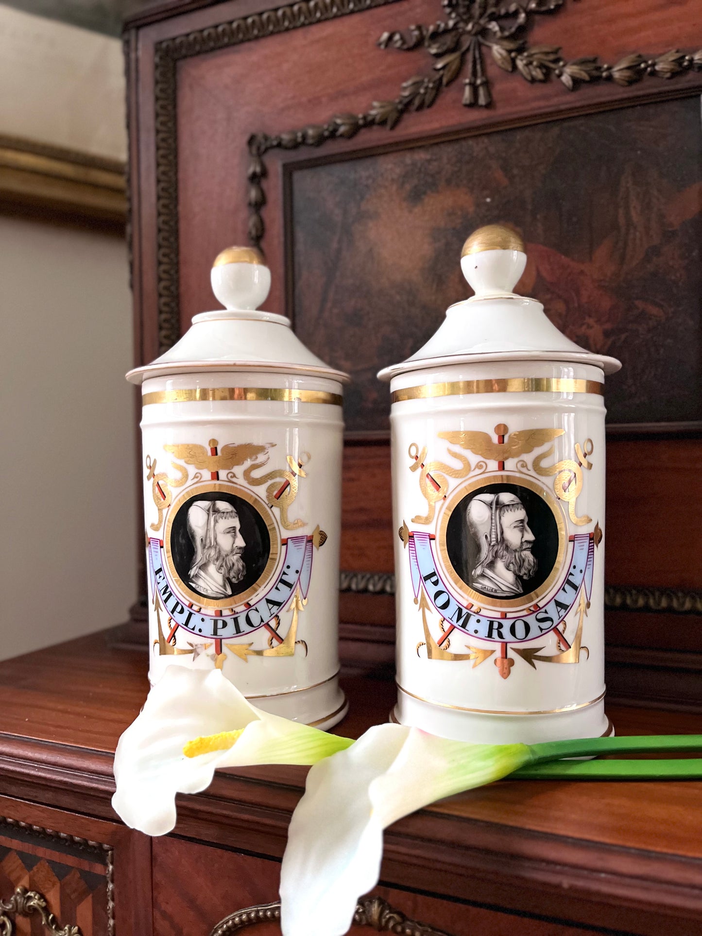 Pair of Antique French Porcelain Apothecary Jars with Portrait Medallions