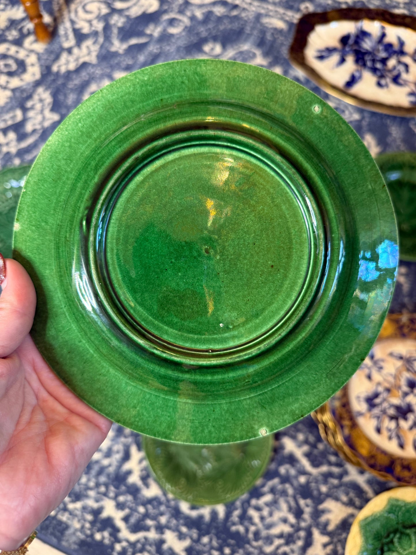 ANTIQUE (2) FRENCH 7 3/4"D MAJOLICA 1890'S CLAIRE FONTAINE #DA4477
