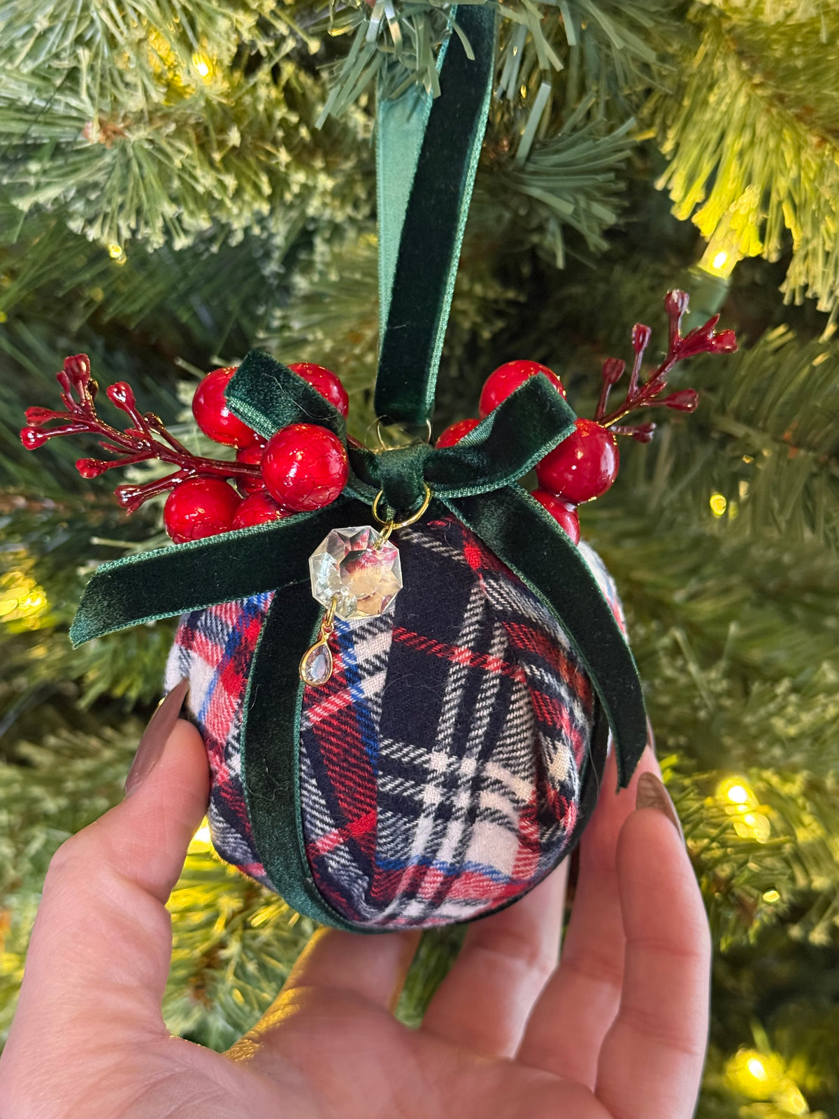 Custom Vintage Tartan RL Christmas Ornament | Velvet, Chandelier Crystal & Swarovski Drop | 3”