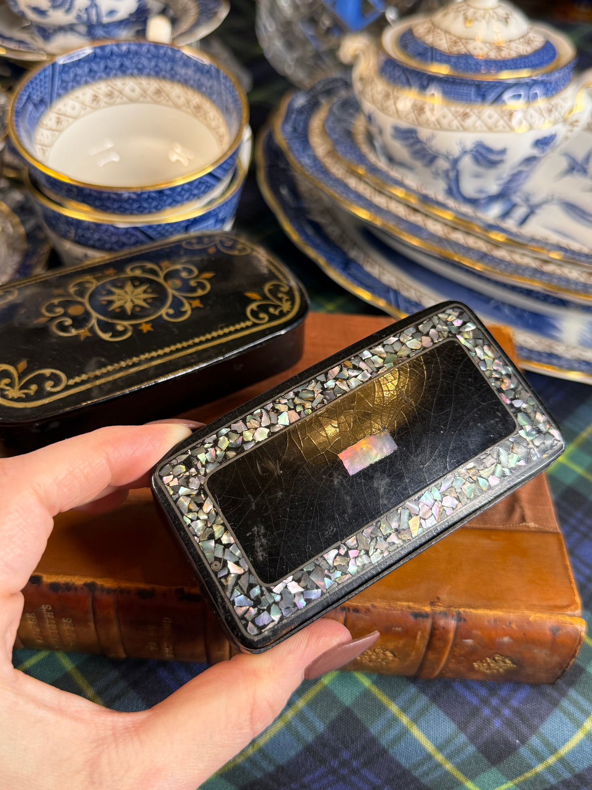 Antique Papier-Mâché Trinket Boxes | Set of 2 | Mother-of-Pearl Inlay & Gilt Decoration