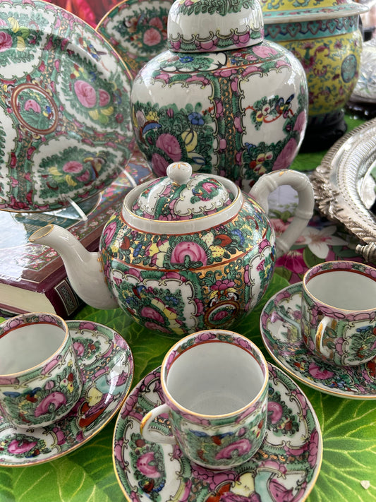Vintage Rose Medallion Teapot and 6 Cups and Saucers
