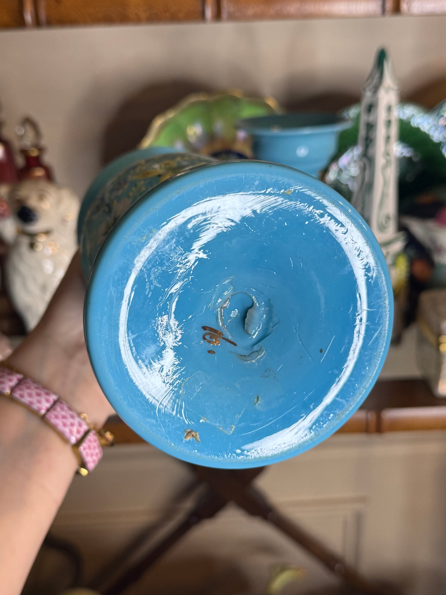 Antique Victorian Bristol Blue Opaline Glass Vases with Hand-Painted Florals & Butterflies | Pair | 10”