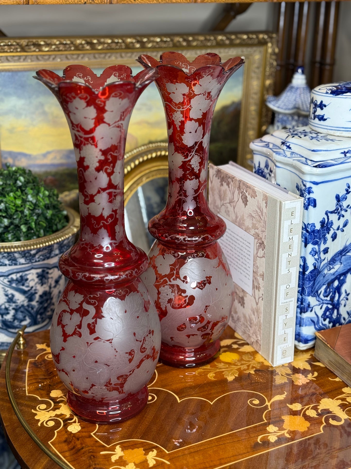 Pair of Cranberry Glass Etched Vases with Scalloped Rim | 16” Tall | Imperfect