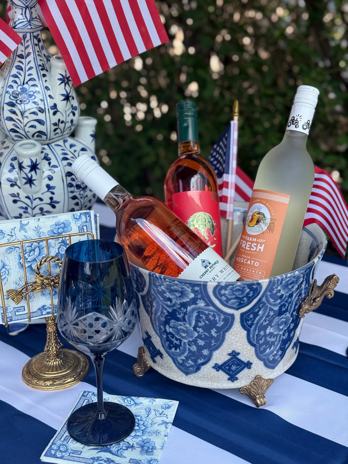 Danny's Fine Porcelain - 12L X 10.5W X 7H Porcelain Bowl Planter in Blue & White W/ intricate bronze handles