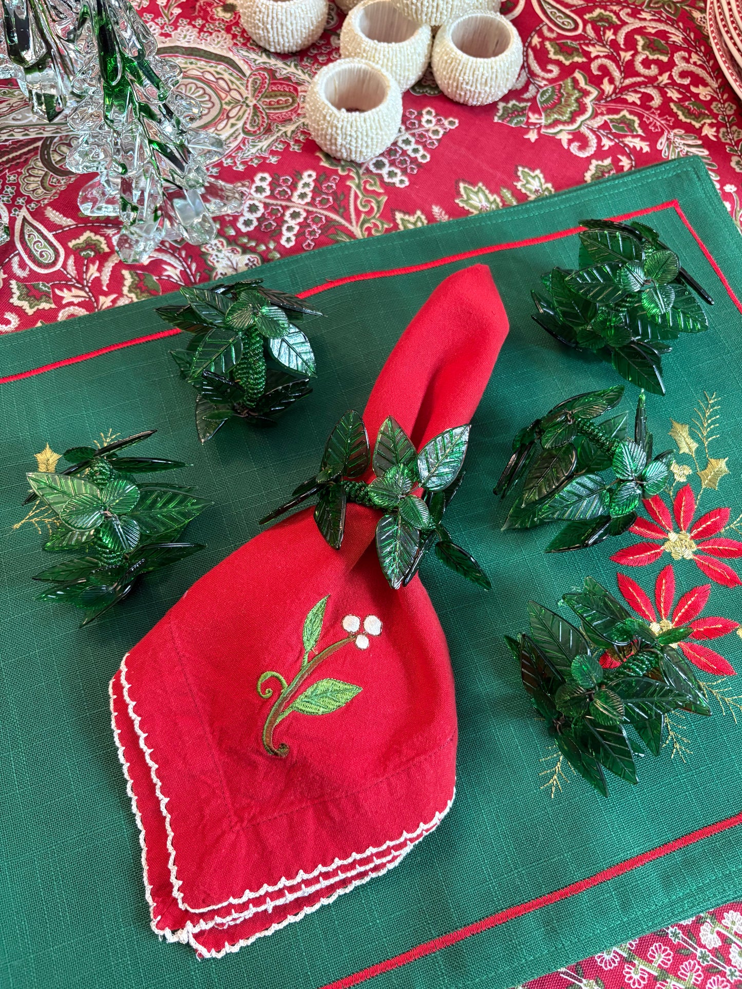 Set (6) Green Glass and bead Napkin rings
