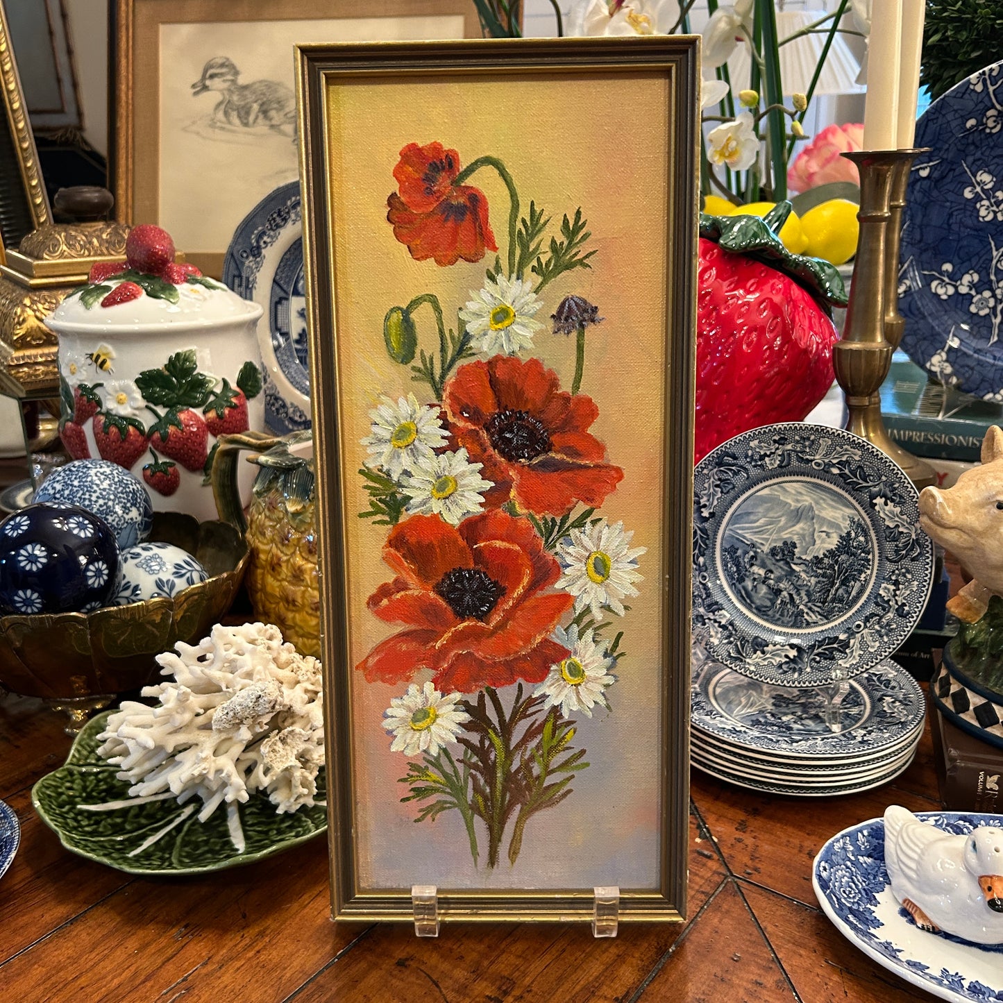 Vintage bold botanical original oil painting botanical still life wall art