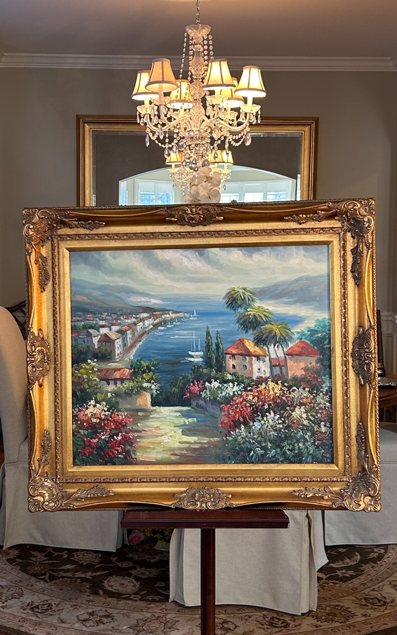 Inviting waterfront landscape massive baroque frame 31 x 28 signed oil painting art