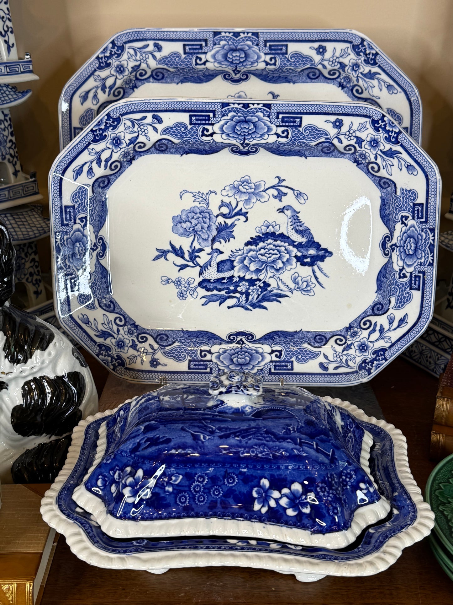 Antique Pair (2) Mason's Ironstone "India Pheasant" Blue & White Platters | Pair | Large & Small | c.1820 | Styles DA4493 & DA4494