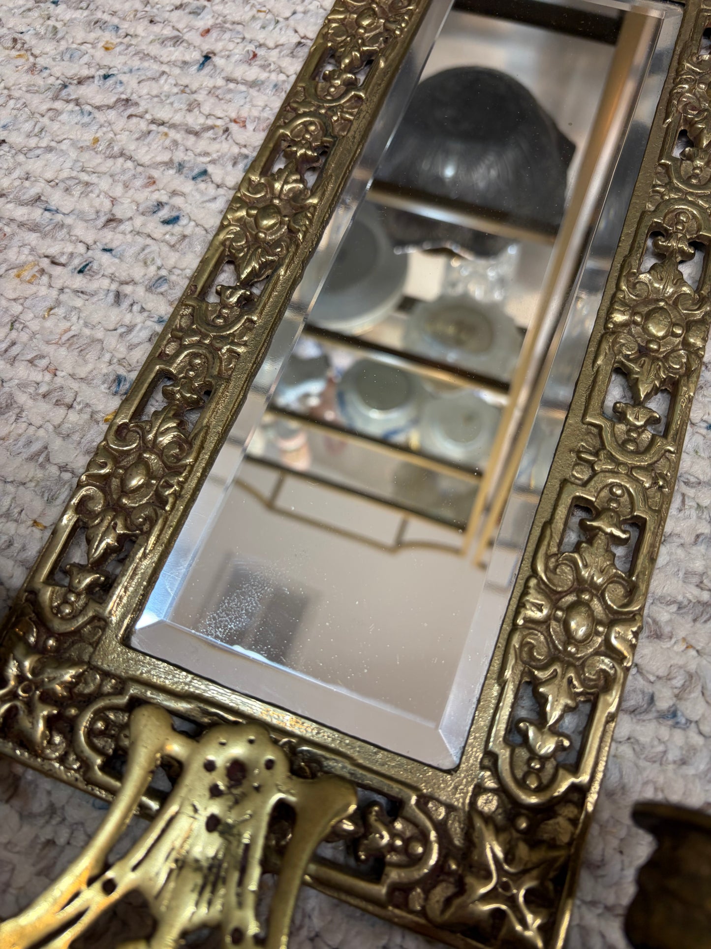 Pair of Ornate Brass Koi Fish Mirrored Wall Sconces with Double Candle Holders | 20.5” x 10”