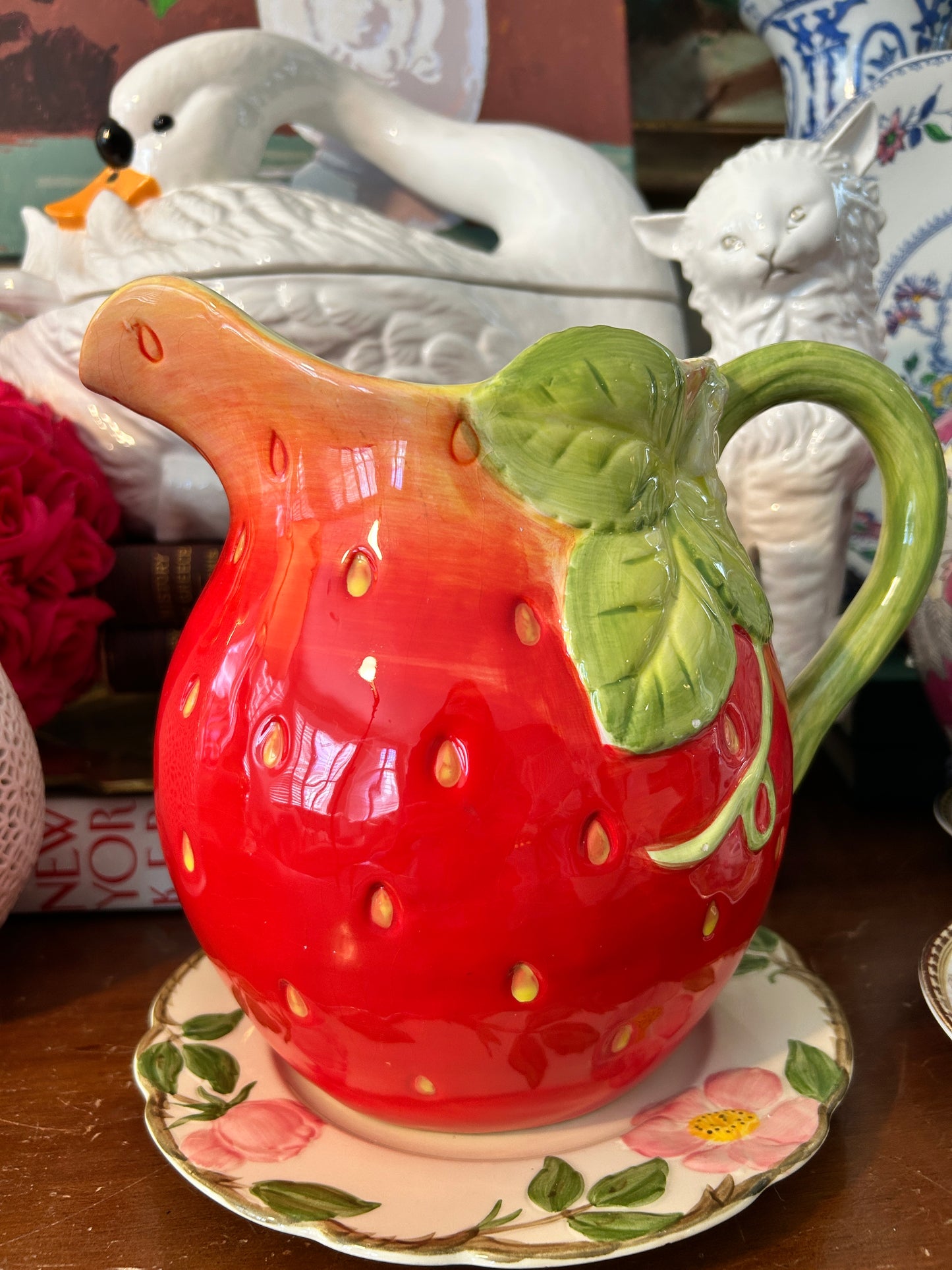 Vintage strawberry botanical floral pitcher or vases