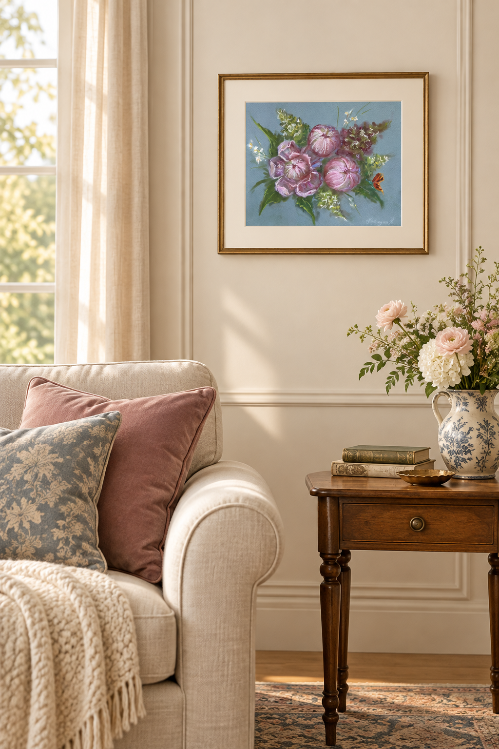 Pink Hydrangea pink peony Soft Pastel Drawing Original Floral Art 9x12”