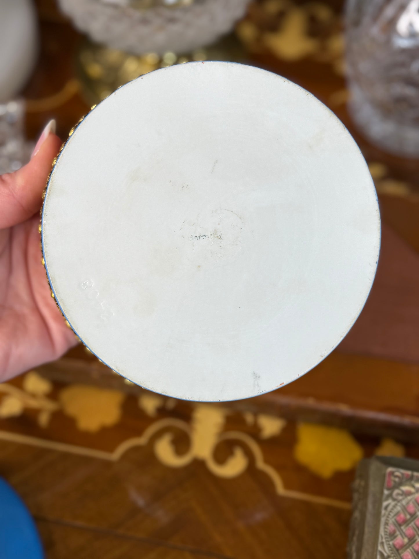 Antique German Porcelain Vanity Box with Gilt Ormolu & Floral Lid | 6”D