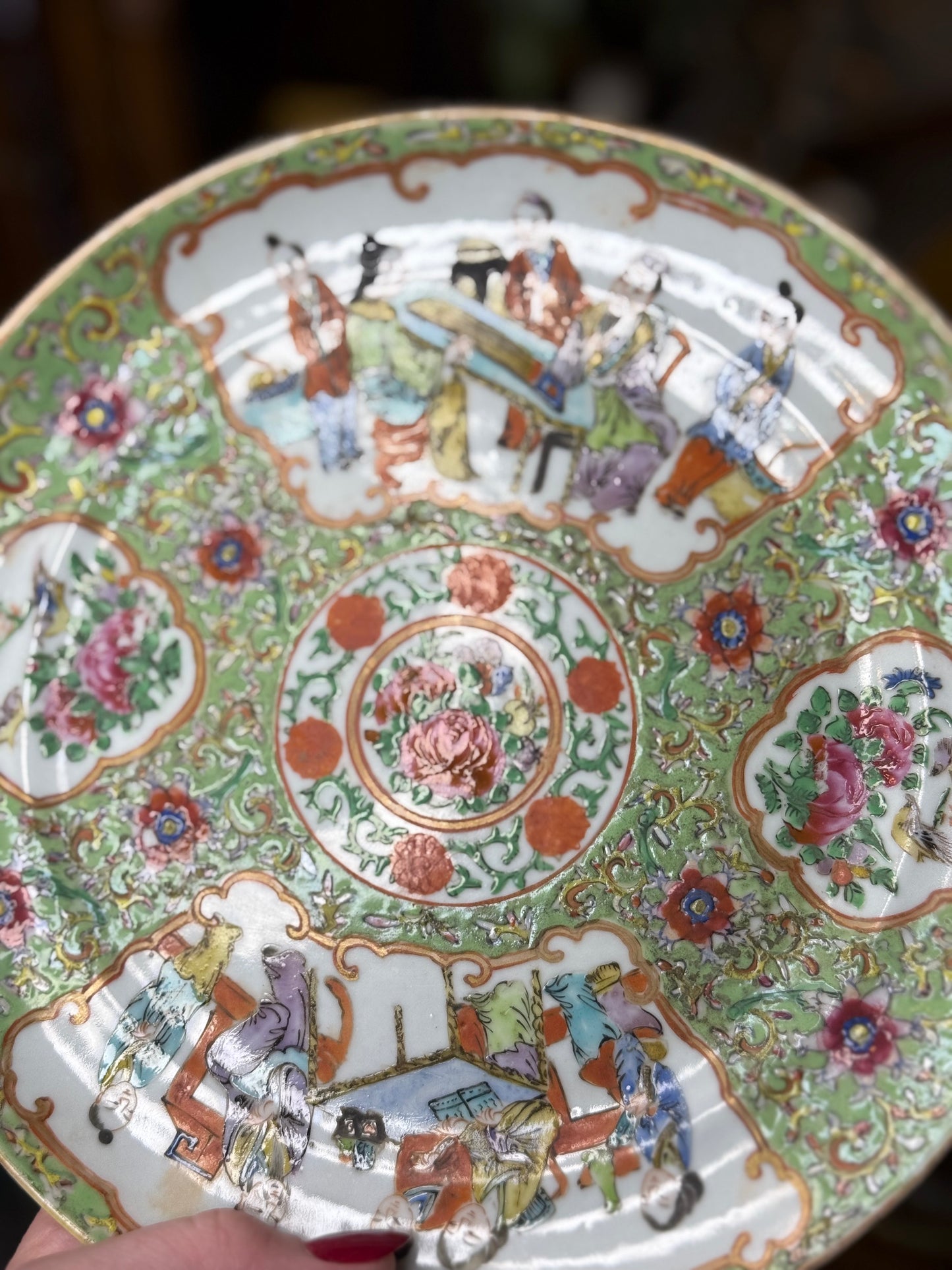 Antique Famille Jaune Canton Plate, 8.5” Porcelain, Circa 1850–1880