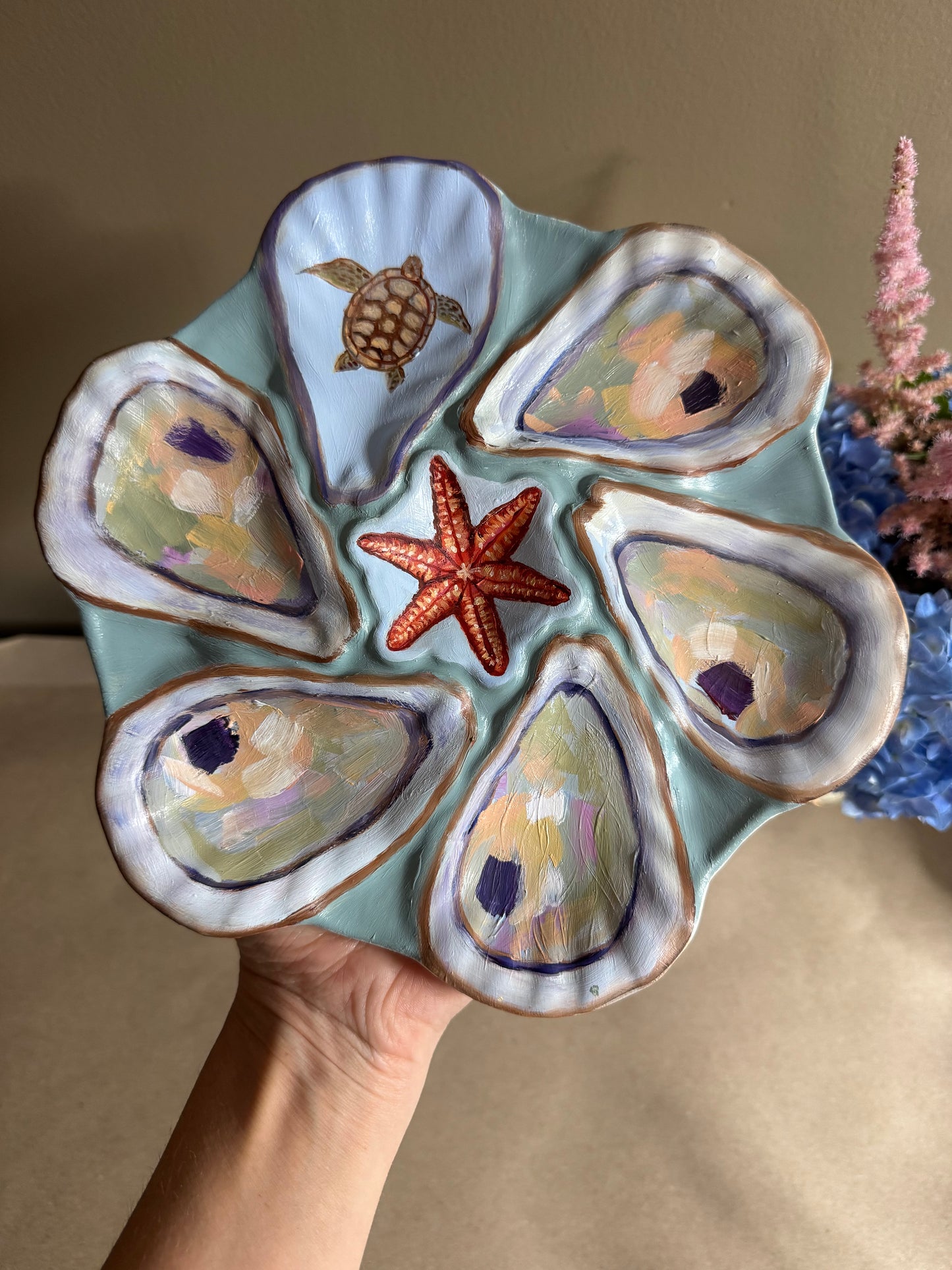 Hand painted 9.5” oyster plate