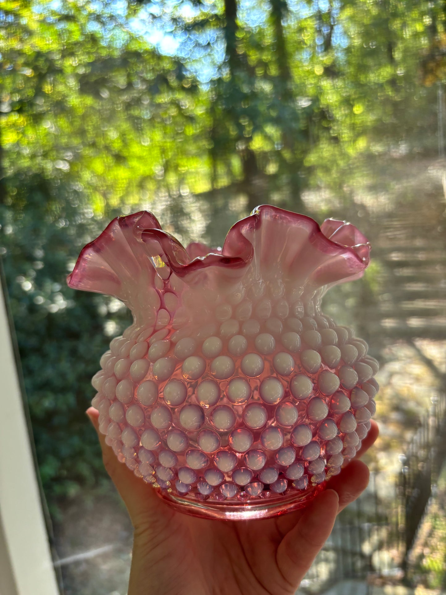 Beautiful Fenton Hobnob Cranberry Vase with ruffled edges!