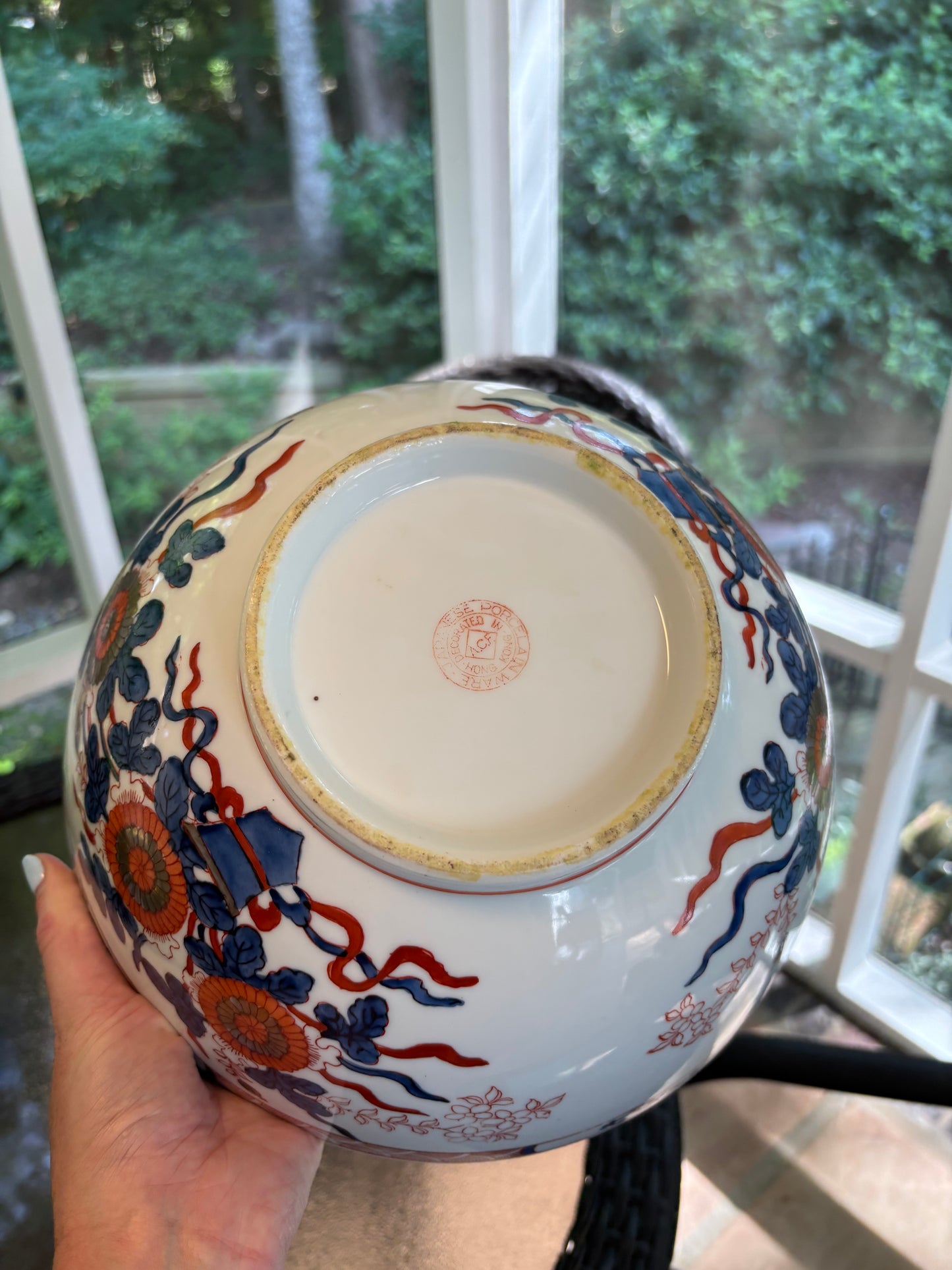 Chinoiserie 10” floral bowl with red, white, blue, and gold hues!