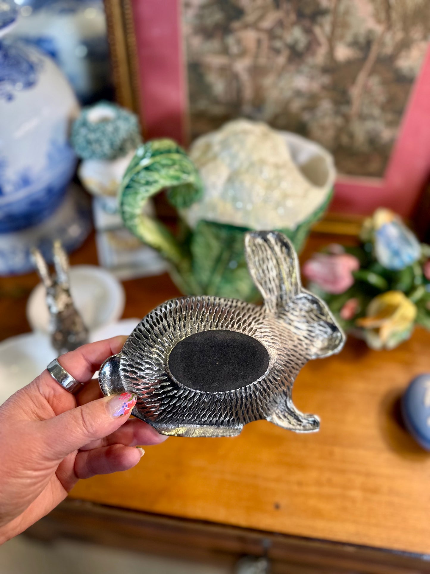 Silver Rabbit Trinket Dish | Figural Bunny Catchall