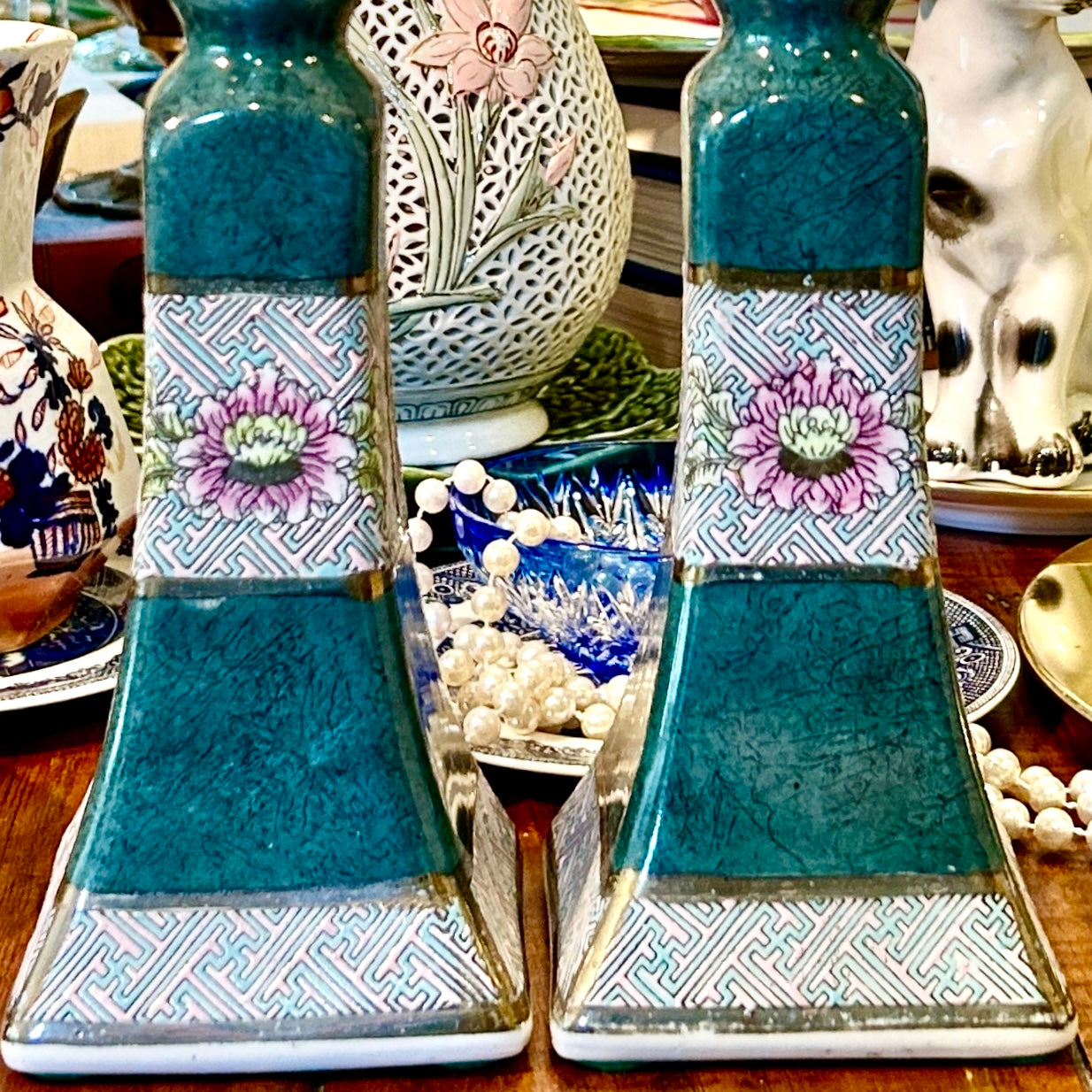 Pair of vintage chinoiserie tall Greek key candlestick holders.