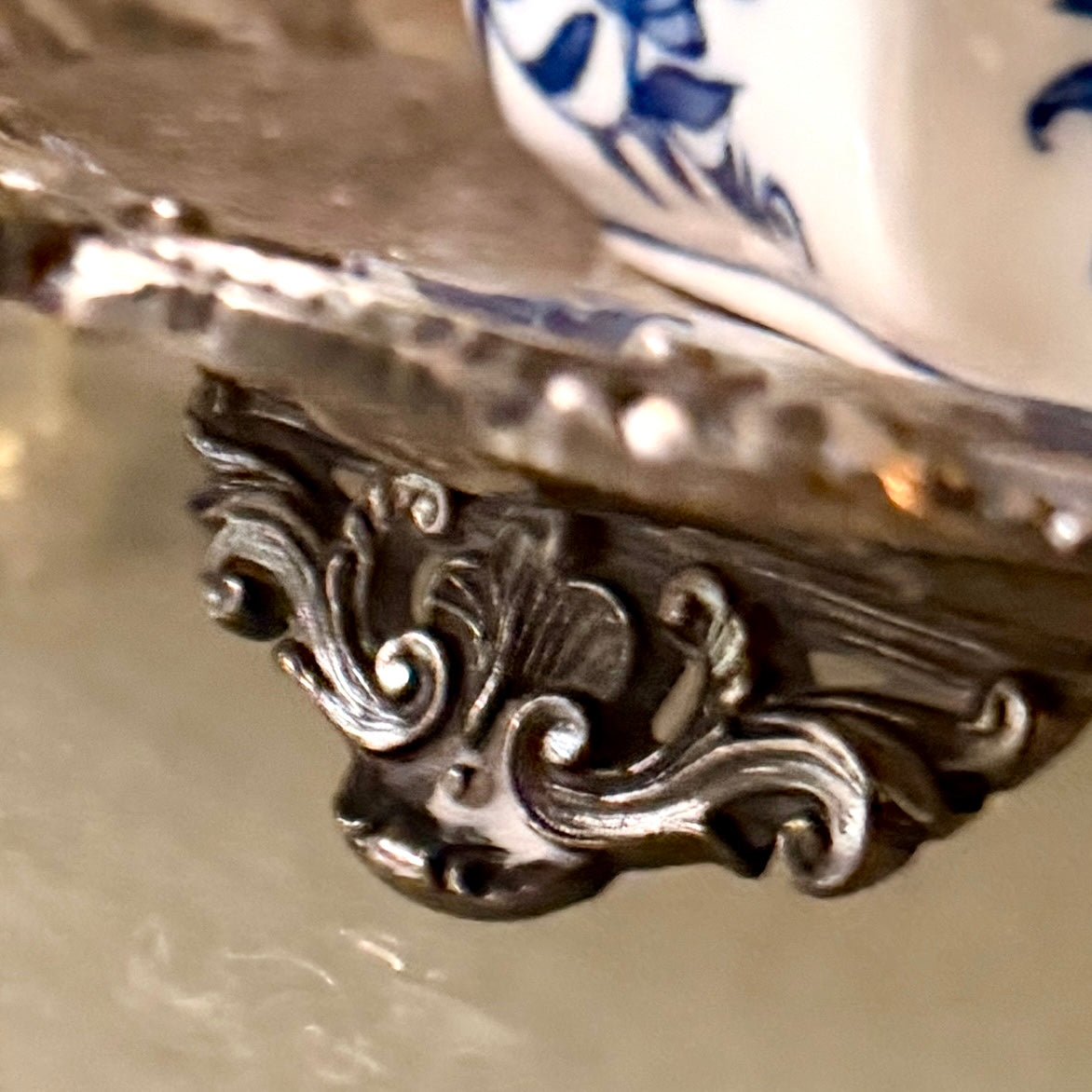 Aged vintage Silver over copper baroque tray 16 d