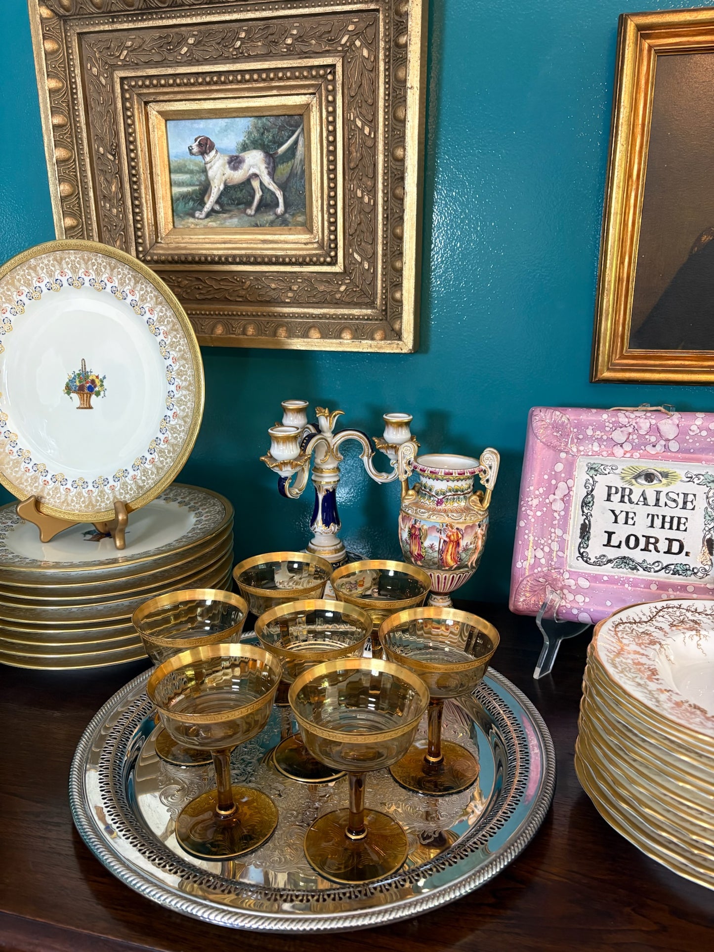 WCCR Charitable Item #172 | Set of 6 Amber Glass Coupes with Embossed Gold Rim | Vintage Champagne Coupes