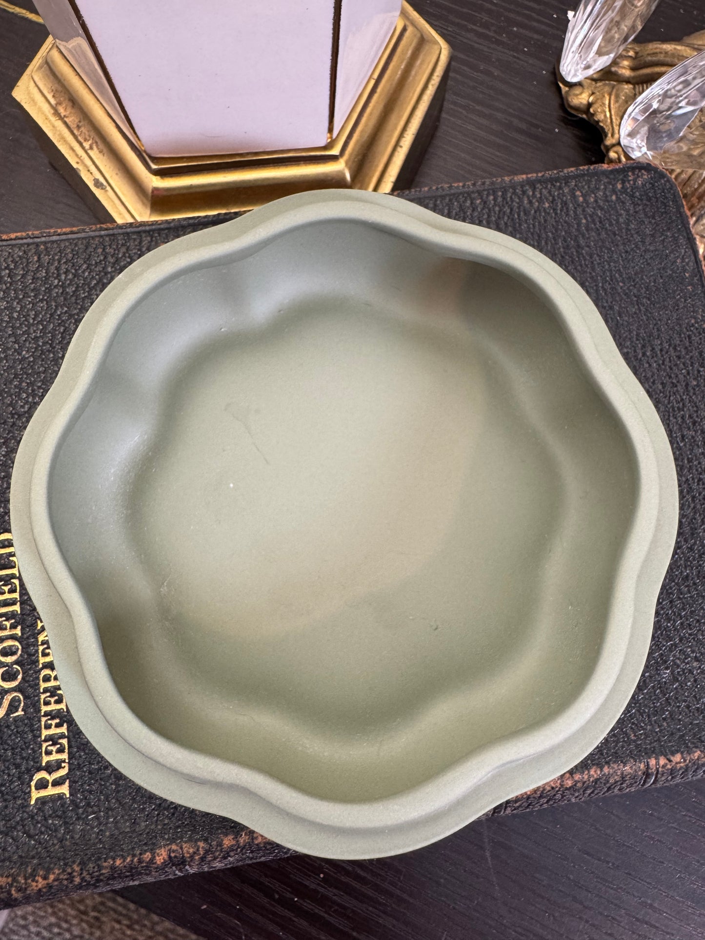 Wedgwood sage green and white flower shape box