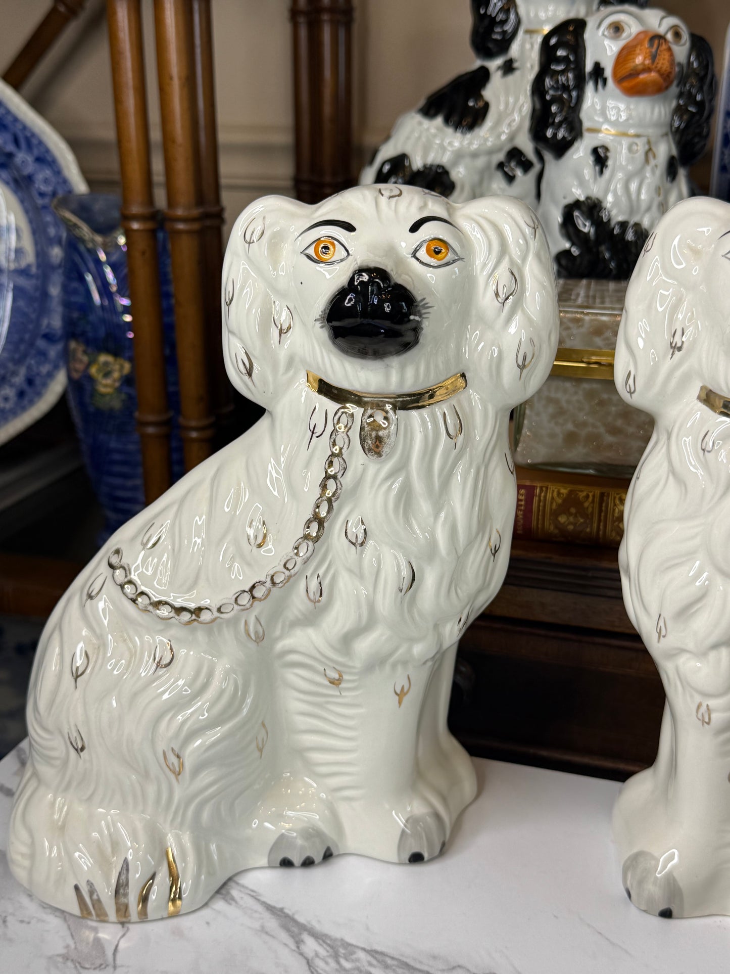 Pair of Beswick England Spaniel Figures | White Glaze with Gilt Collars | 8”