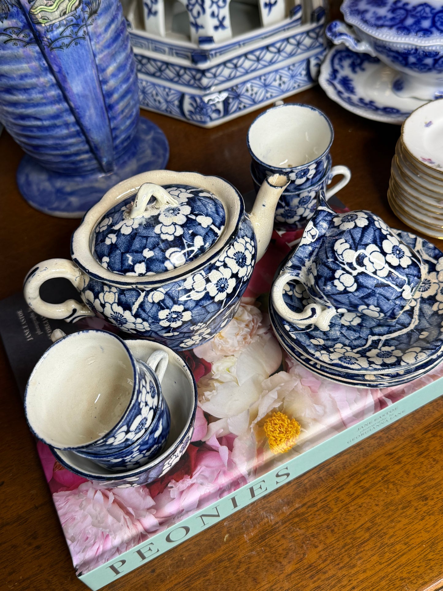 RESERVED - ANTIQUE CHILD'S TEA SET, BLUE CHERRY BLOSSOM