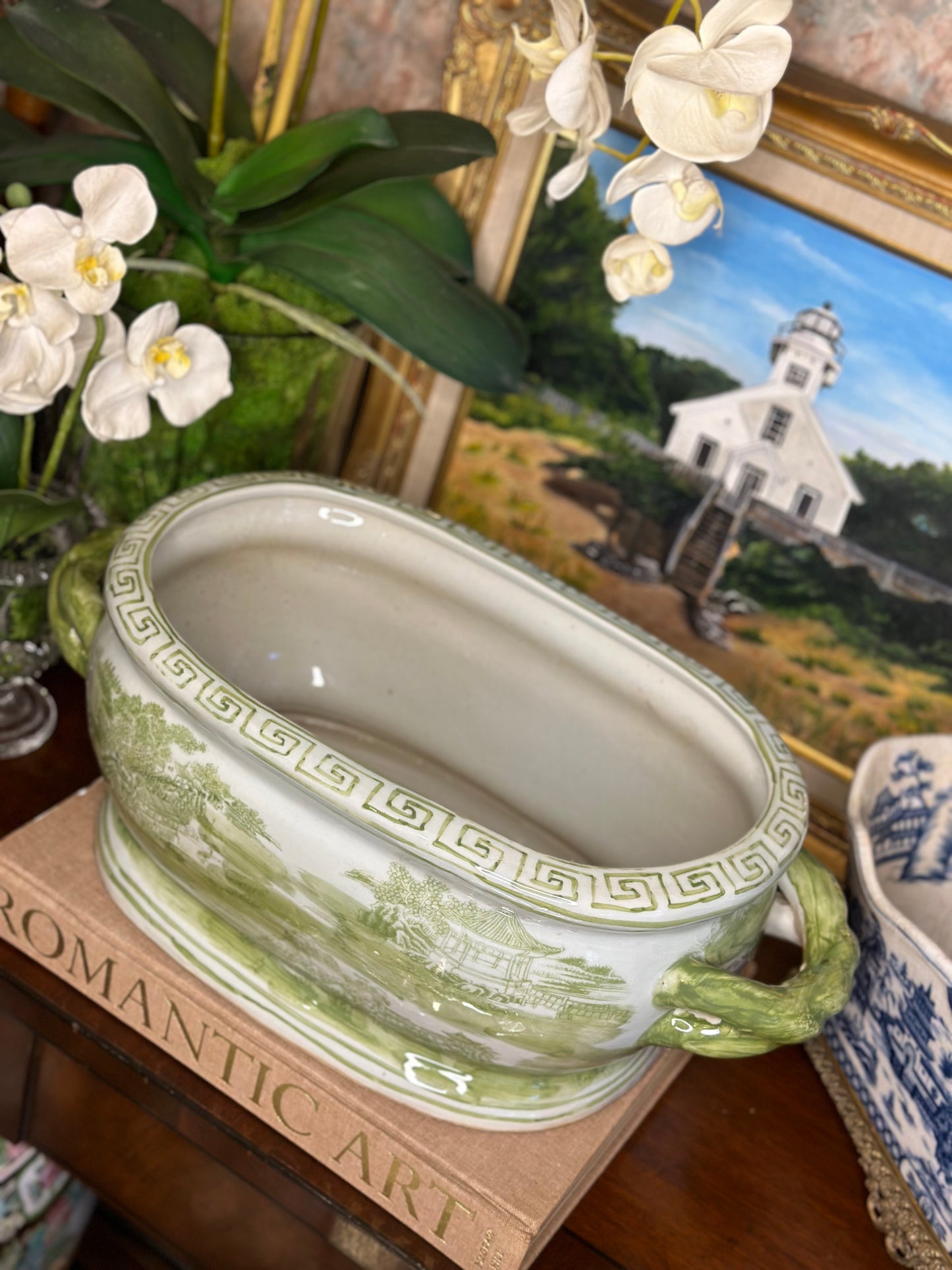STUNNING- 19Lx8.5Wx7H- Oval Centerpiece Basin - Green Scene