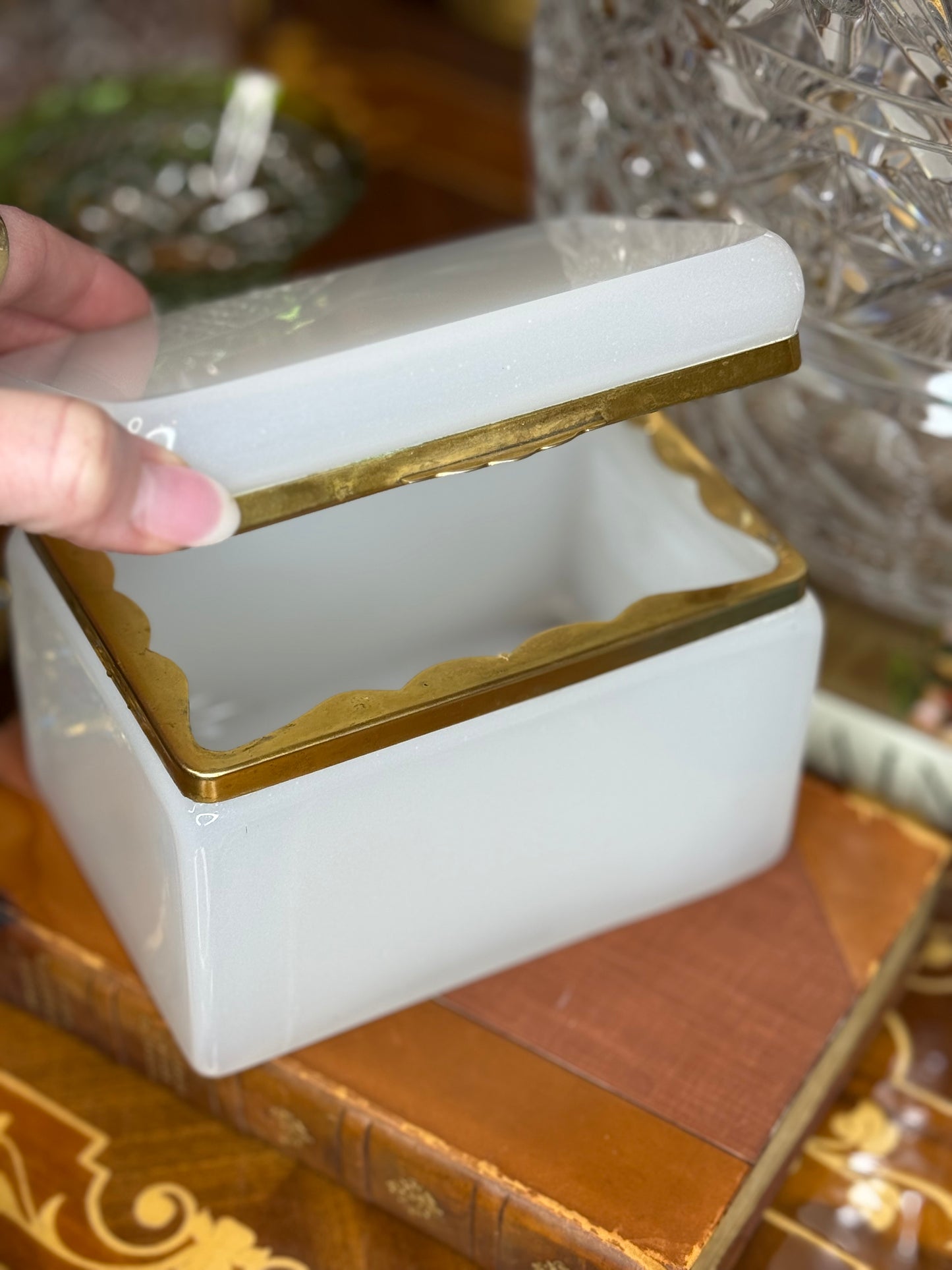 Antique French Opaline Glass Hinged Box with Gilt Mount | 5.25” x 3.25” x 4.25” Tall