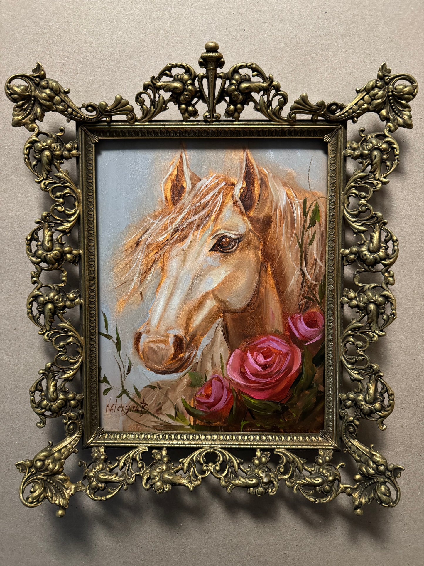 Horse painting in brass vintage frame