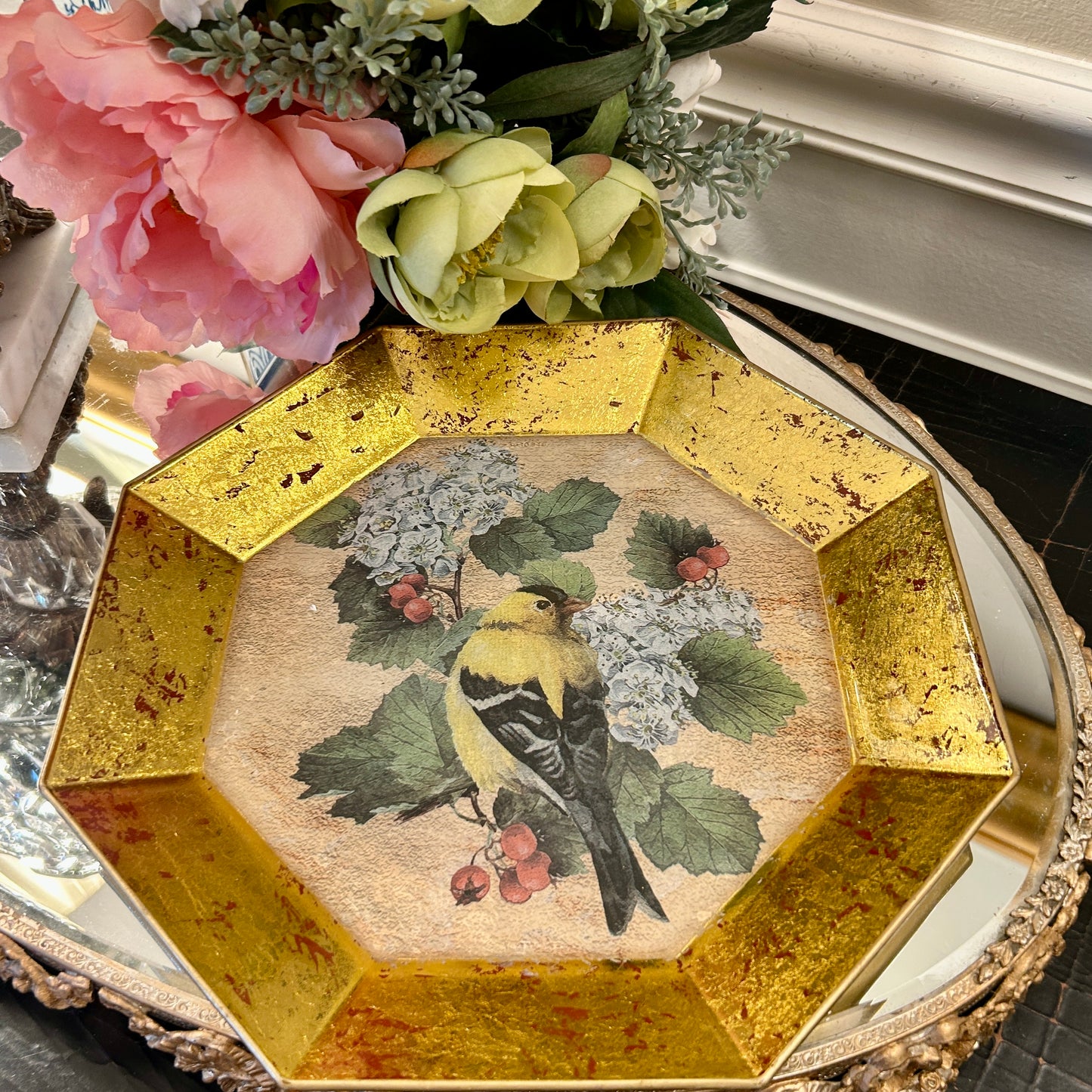 stunning glass vintage octagon bird plate 10d