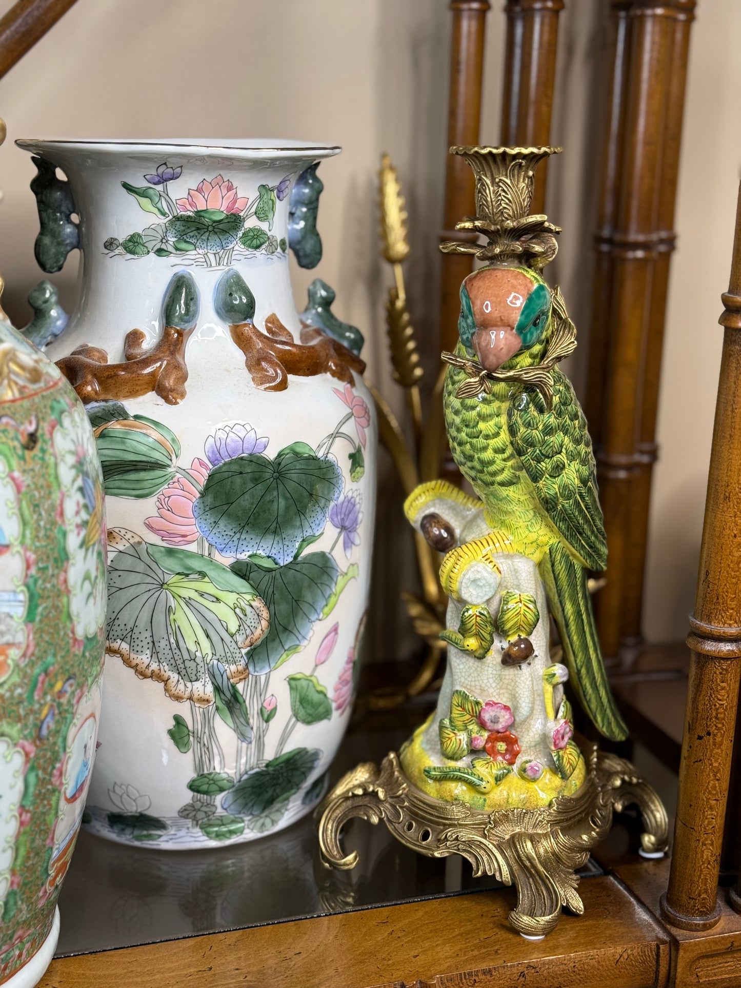Danny's Fine Porcelain - 14.5” Tall Porcelain Parrot Candlestick Pair with Ormolu Mounts, Chinoiserie Rococo Style