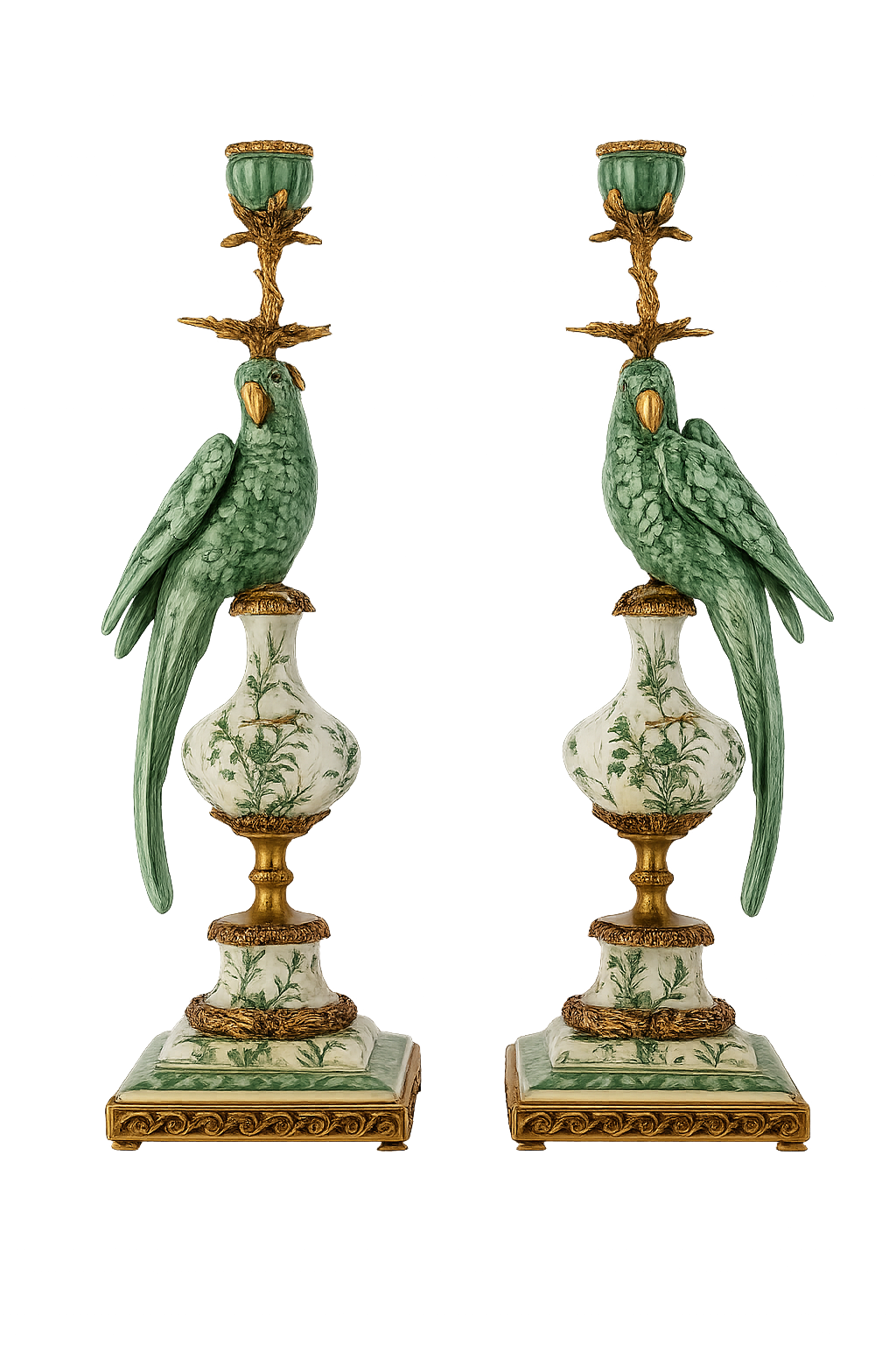 Danny's Fine Porcelain Green & White Bronze Parrot Candle Holders Pair 6.5"L × 6"W × 18.5"H#61025