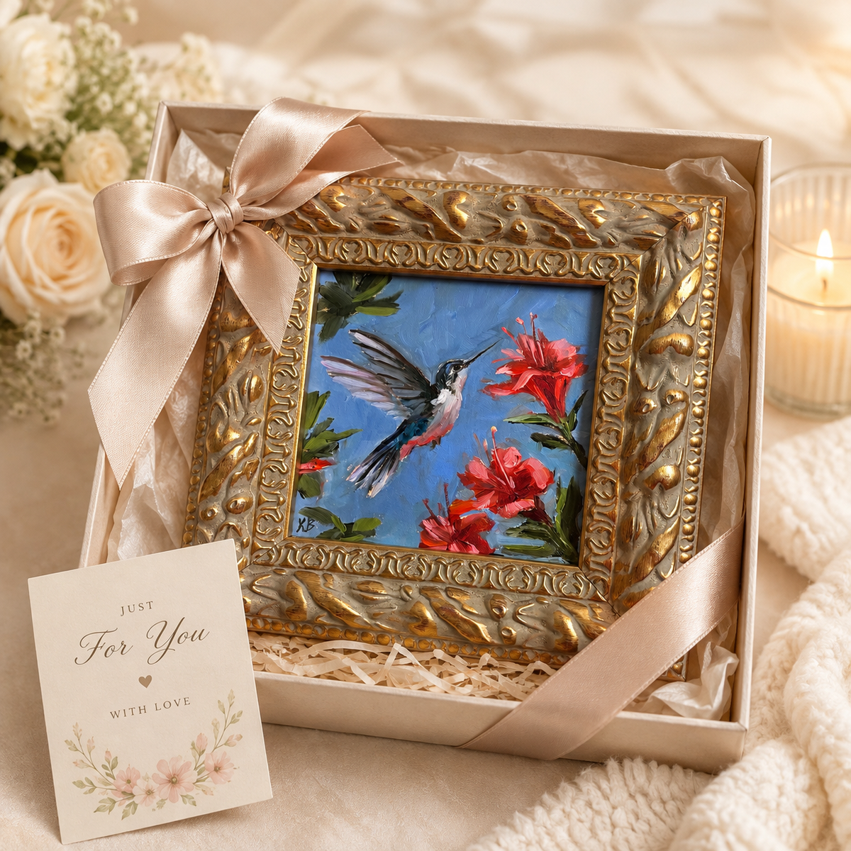 Hummingbird and red flowers original oil painting framed in wooden gold frame 9.5x9.5”