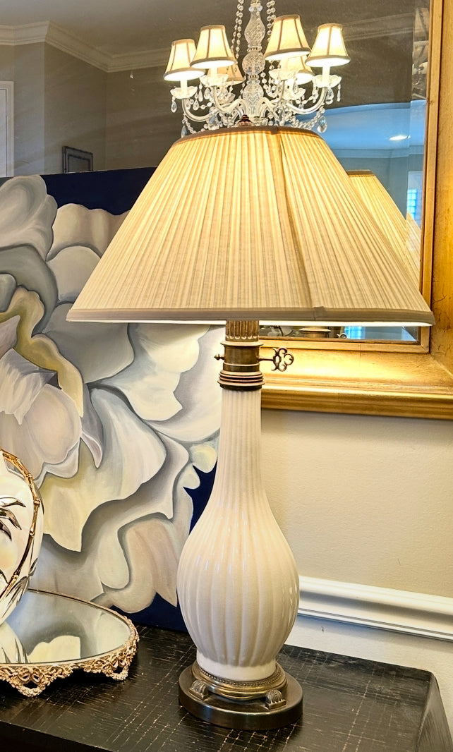 Statuesque Pair of vintage ivory teardrop porcelain & brass tall lamps 31 in tall