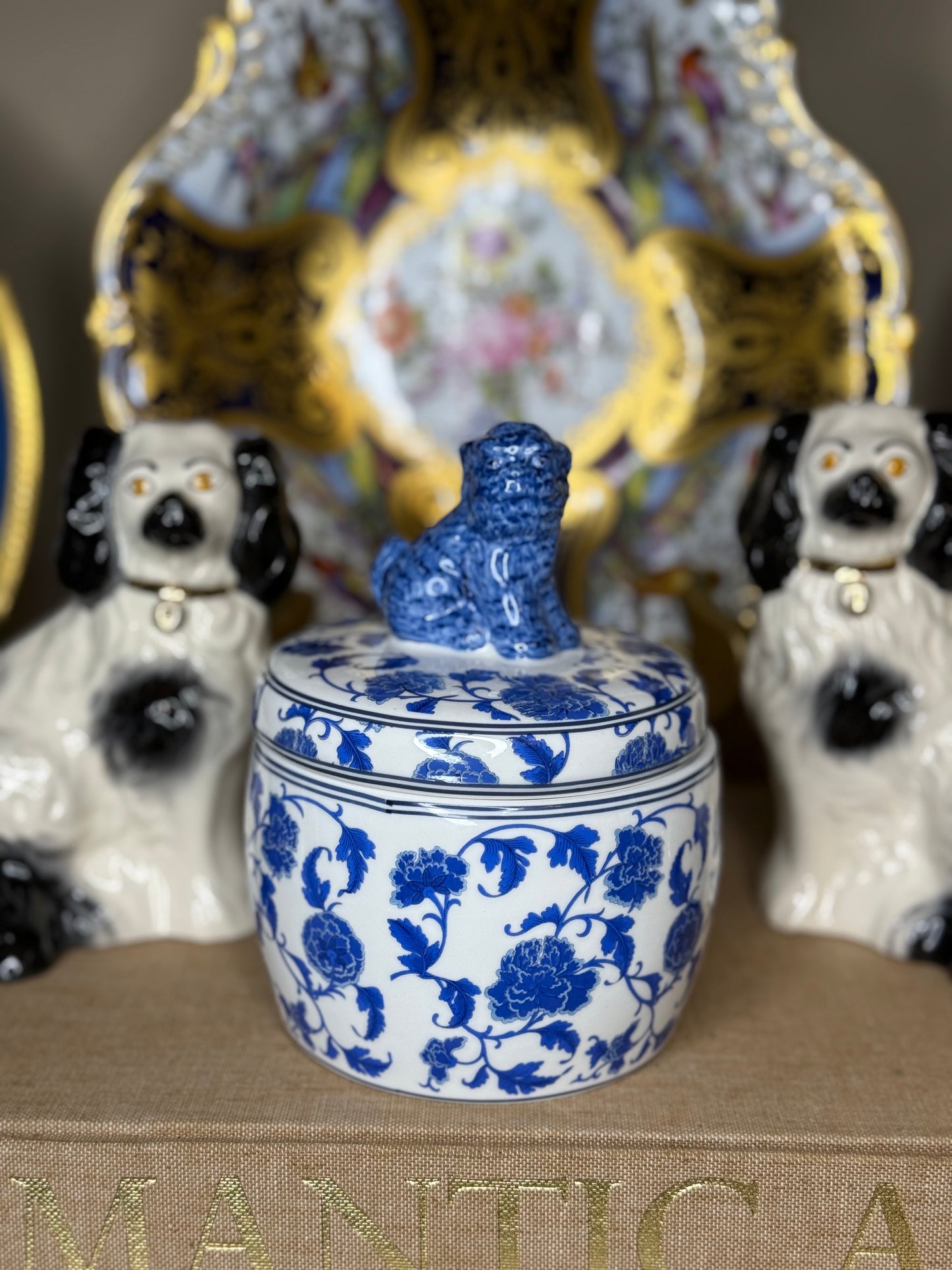 Danny’s Fine Porcelain: Blue & White Porcelain Foo Dog Lidded Box with Floral Motif