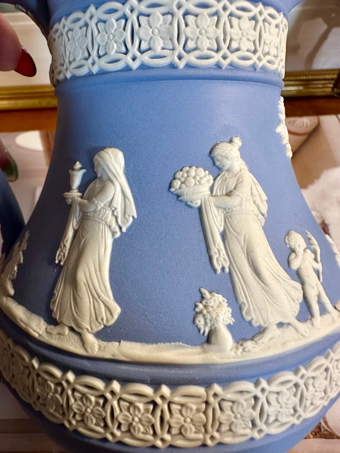 PRISTINE Wedgwood Blue Jasperware Etruscan Jug, circa 1967, 5.5”
