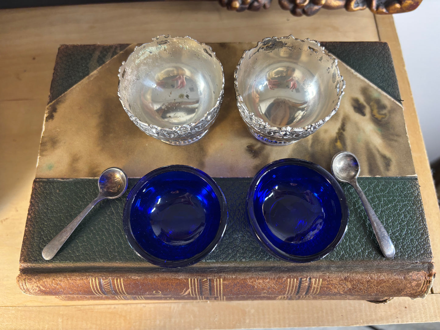 Reserved! Beautiful Raimond silverplate salt cellars or caviar dishes with cobalt bowls and spoons!