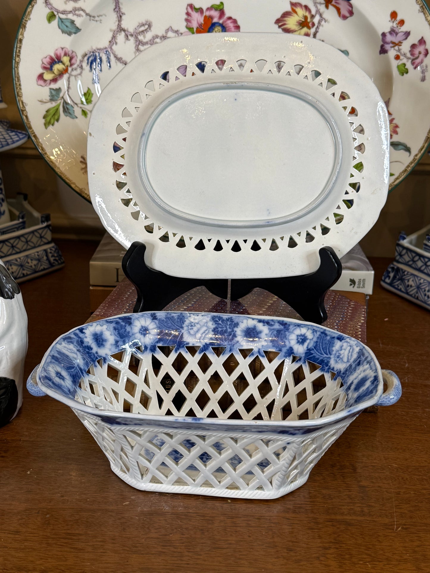 Antique Pearlware Blue & White Pierced Basket and Stand | c.1820 | Style DA4390