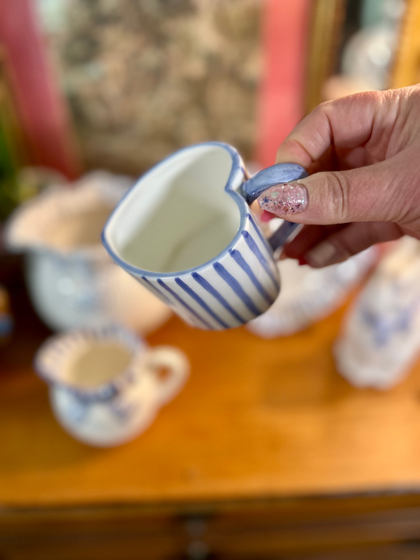 Vintage Haldon Group Heart Shaped Mug | Blue & White Stripe | 1990