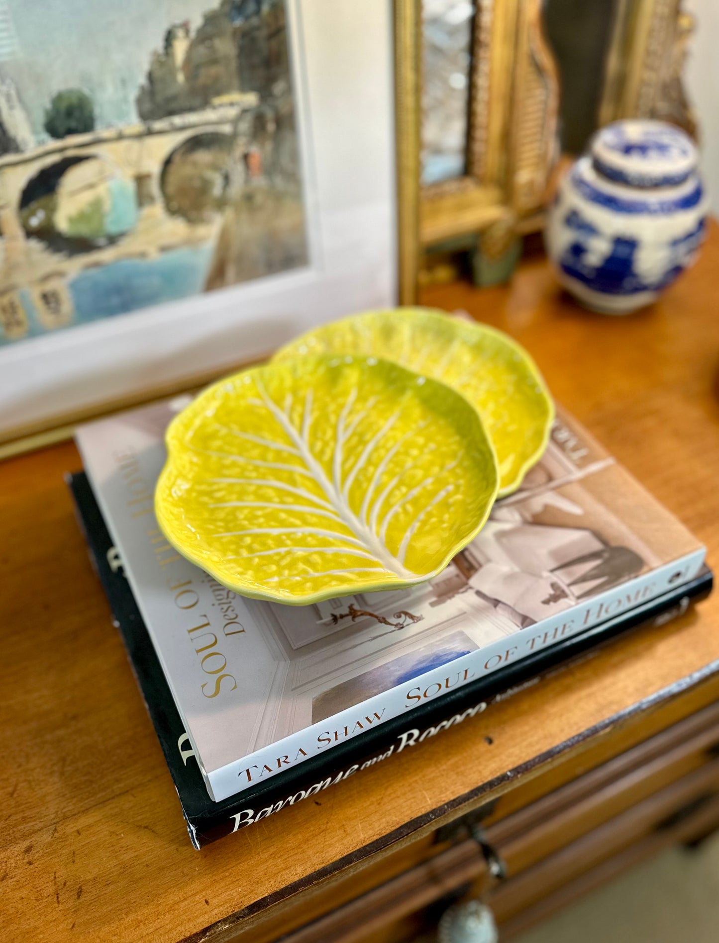 Beautiful Pair Yellow Cabbage Leaf Dessert Plates by Secla, Made in Portugal, 7.25"