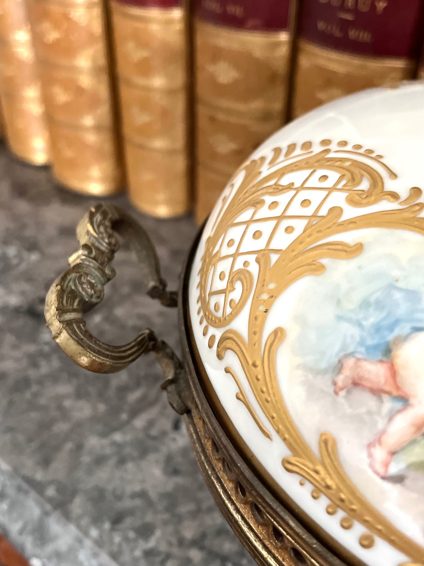 Antique French Porcelain Covered Bonbonnière with Hand-Painted Cherubs & Gilt Mounts - Signed